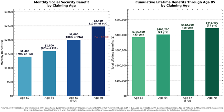 Chart showing hypothetical monthly and cumulative Social Security benefits by claiming age from age 62 to age 70 assuming $2,000 per month at Full Retirement Age