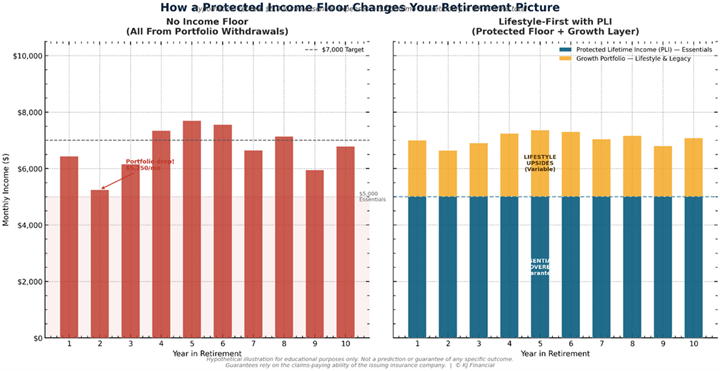 Comparison showing retirement without an income floor relying entirely on portfolio withdrawals versus Lifestyle-First planning with Protected Lifetime Income covering essentials and growth assets covering upgrades and flexibility
